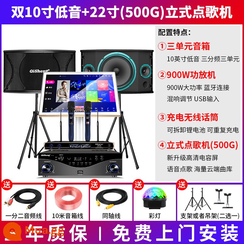 Qisheng K20 Family KTV Audio Set - Máy karaoke kép 10 inch + dọc (500G) + micro sạc không dây kép