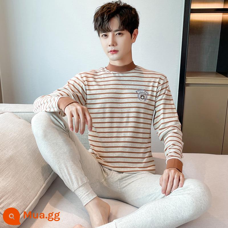 Bộ quần áo thu đông bằng cotton nguyên chất dành cho nam quần lót vệ sinh dành cho học sinh trung học cơ sở và trung học phổ thông cotton ấm áo len cotton mỏng phần - Cổ vừa sọc ngang màu nâu nhạt