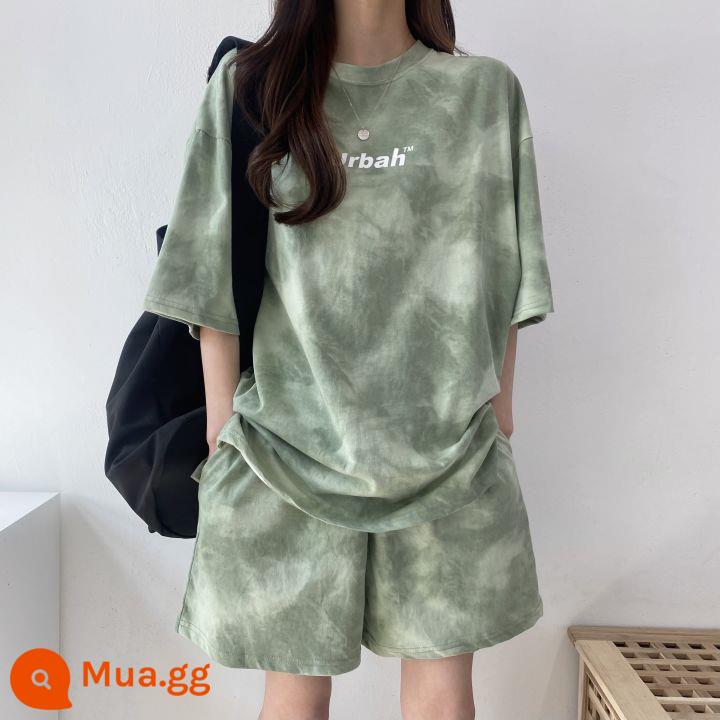 Bộ đồ hai mảnh thể thao dáng rộng cotton ngắn tay thời trang mùa hè phiên bản Hàn Quốc mới 2022 chạy bộ thông thường - Bộ đồ uber tay ngắn màu xanh lá cây + quần short