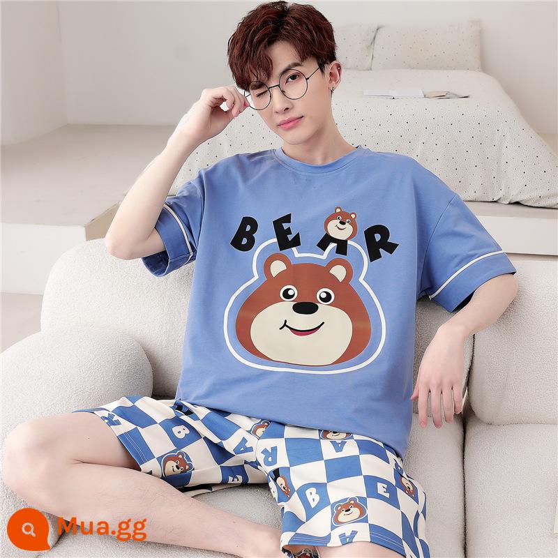 Bộ đồ ngủ nam mùa hè cotton nguyên chất ngắn tay ngắn tay phần mỏng cộng với kích thước mùa xuân và mùa hè nam giới có thể mặc bộ quần áo dịch vụ tại nhà - WB tay ngắn 1313