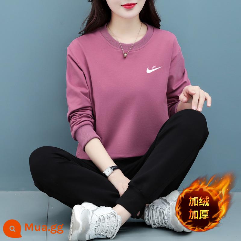 Trang web chính thức chính hãng Bộ đồ thun cotton dày màu xám cho nữ xuân thu 2023 bộ đồ thể thao chạy bộ rộng rãi của mẹ - Màu hồng tím cộng với nhung