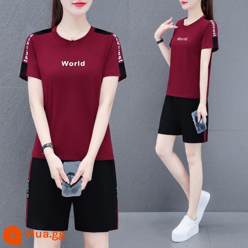 Bộ đồ thể thao cotton nữ mùa hè 2023 mới quần short ngắn tay bà mẹ trung niên bộ đồ hai mảnh phong cách nước ngoài mùa hè - rượu vang đỏ