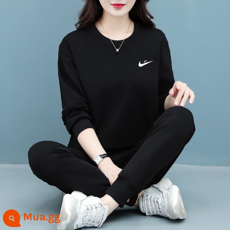 Trang web chính thức chính hãng Bộ đồ thun cotton dày màu xám cho nữ xuân thu 2023 bộ đồ thể thao chạy bộ rộng rãi của mẹ - đen thông thường