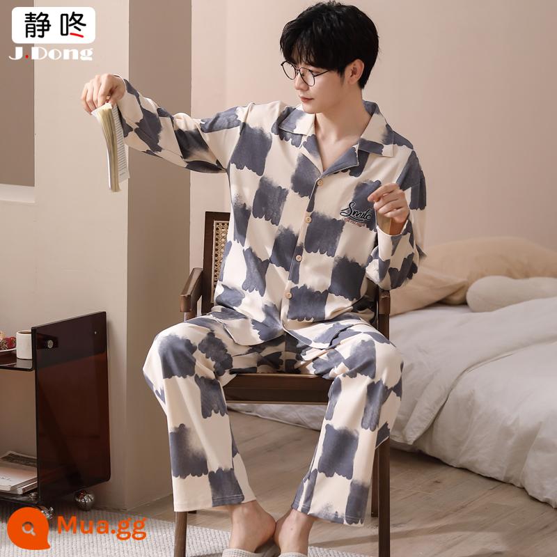 Bộ đồ ngủ nam tay dài mùa thu áo khoác cardigan cotton nguyên chất mùa xuân và mùa thu phim hoạt hình thanh niên có thể mặc cotton mùa đông dịch vụ tại nhà - NamJX8818