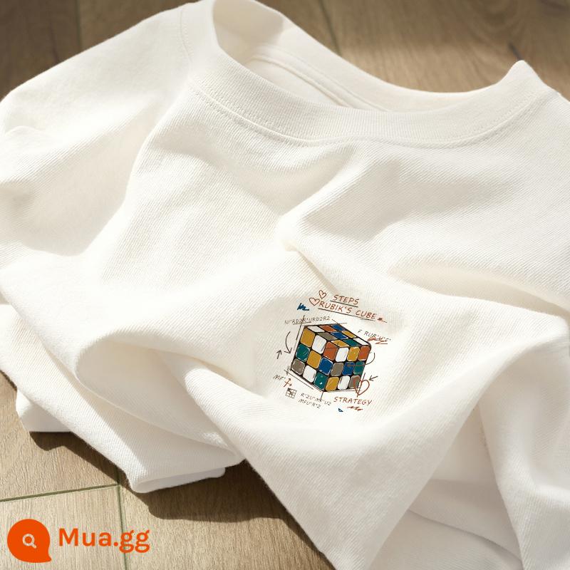 Xu hướng quốc gia Áo thun ngắn tay màu trắng họa tiết cotton dày dặn dành cho nữ mùa hè Áo kiểu cổ điển Mỹ cao cấp sang trọng và đẹp - Trắng A13 (Khối Rubik Graffiti)