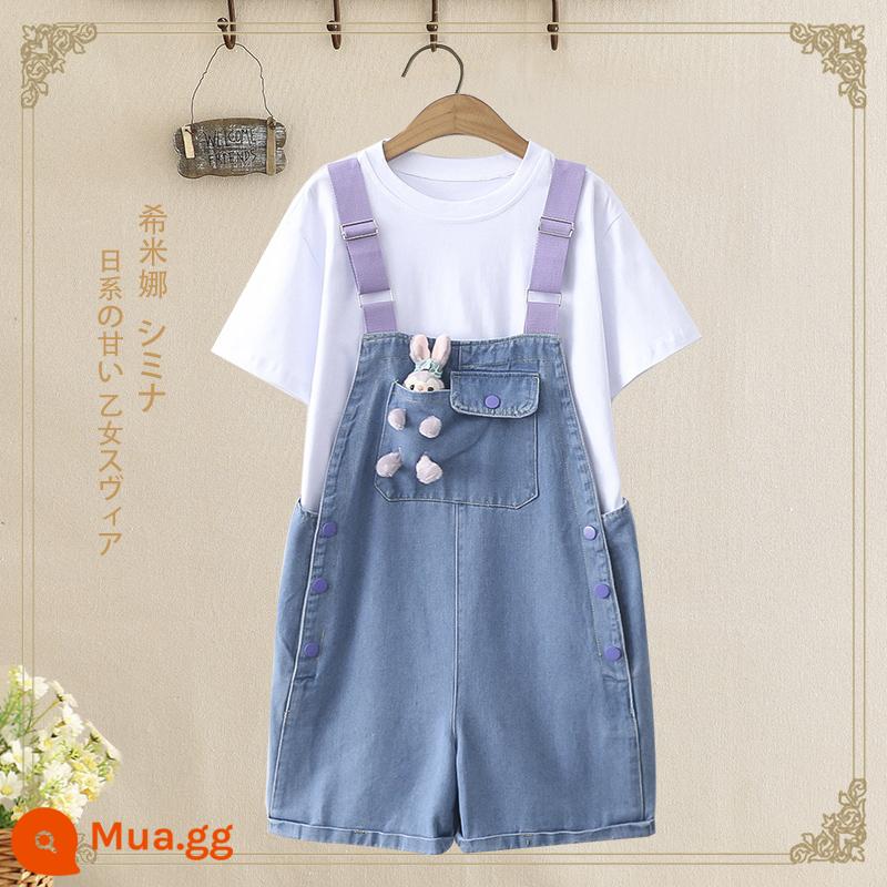 13-14 bé gái học sinh trung học cơ sở 15-16 tuổi denim ngắn tay bé gái quần túi phù hợp với mùa hè bộ đồ hai mảnh rộng rãi - Quần túi bé màu trắng + thỏ kiểu 809