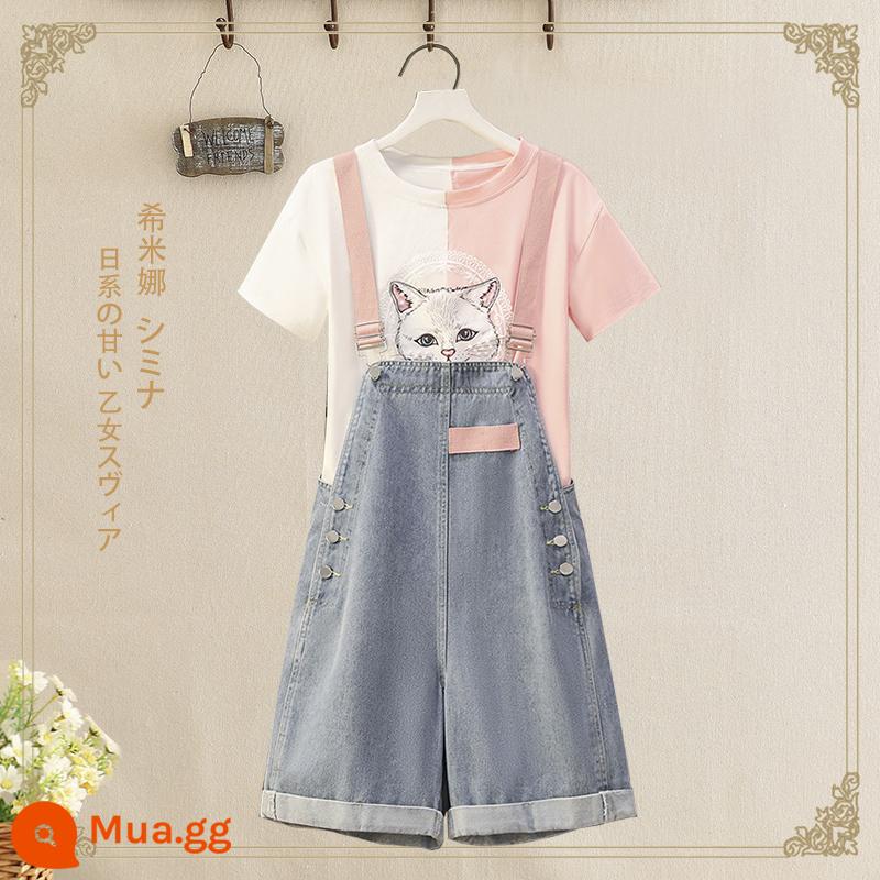 13-14 bé gái học sinh trung học cơ sở 15-16 tuổi denim ngắn tay bé gái quần túi phù hợp với mùa hè bộ đồ hai mảnh rộng rãi - Quần Túi Baby Cat + Denim Mẫu 6218