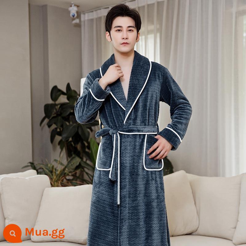 Áo choàng nam của Pyjamas vào mùa thu và mùa đông Phiên bản dài của san hô dày lên cộng với áo choàng tắm nhung mùa đông với quần - Áo choàng nam 201 viền trắng xanh đậm