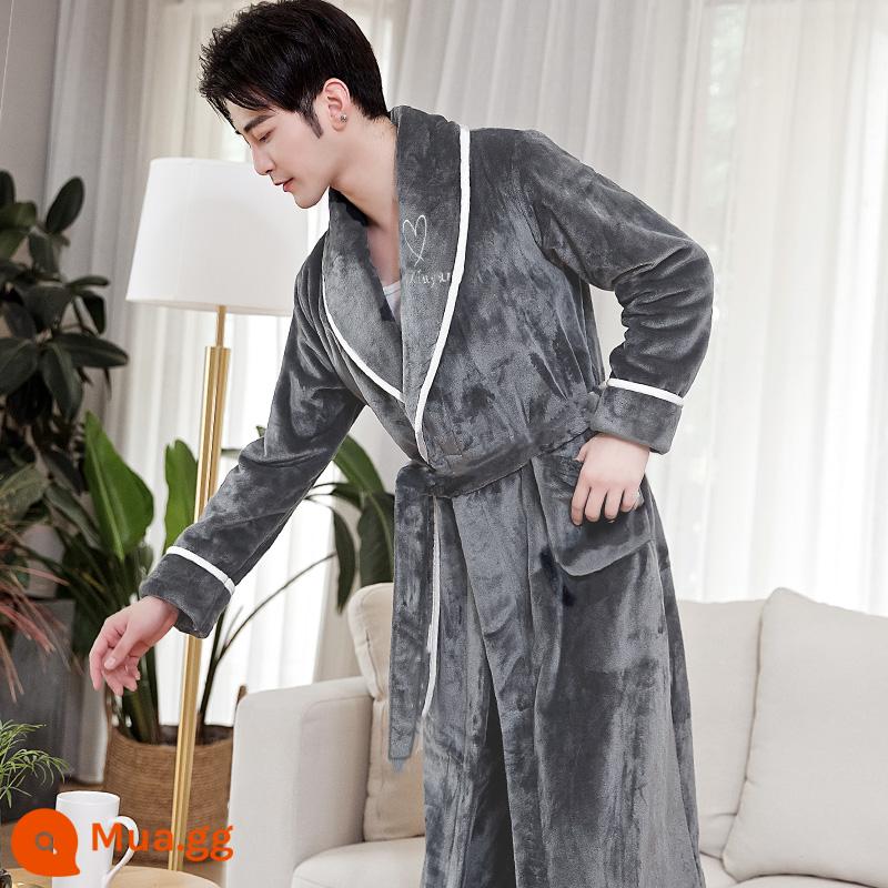 Áo choàng nam của Pyjamas vào mùa thu và mùa đông Phiên bản dài của san hô dày lên cộng với áo choàng tắm nhung mùa đông với quần - Áo choàng nam 306 xám viền trắng