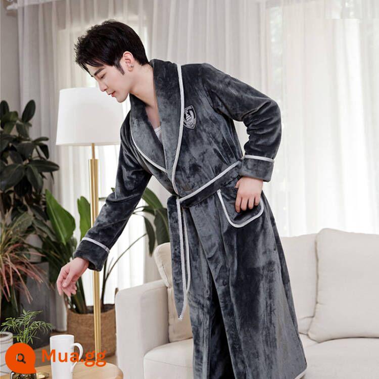 Áo choàng nam của Pyjamas vào mùa thu và mùa đông Phiên bản dài của san hô dày lên cộng với áo choàng tắm nhung mùa đông với quần - 213 Áo choàng nam màu xám đậm