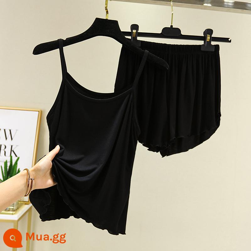 Kích thước lớn 300 catties phương thức treo quần short nữ mùa hè rời bộ đồ ngủ nhà băng lụa áo vest 2 bộ - đen