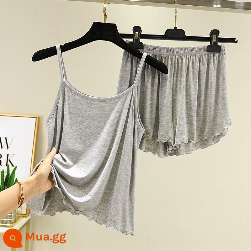 Kích thước lớn 300 catties phương thức treo quần short nữ mùa hè rời bộ đồ ngủ nhà băng lụa áo vest 2 bộ - xám nhạt