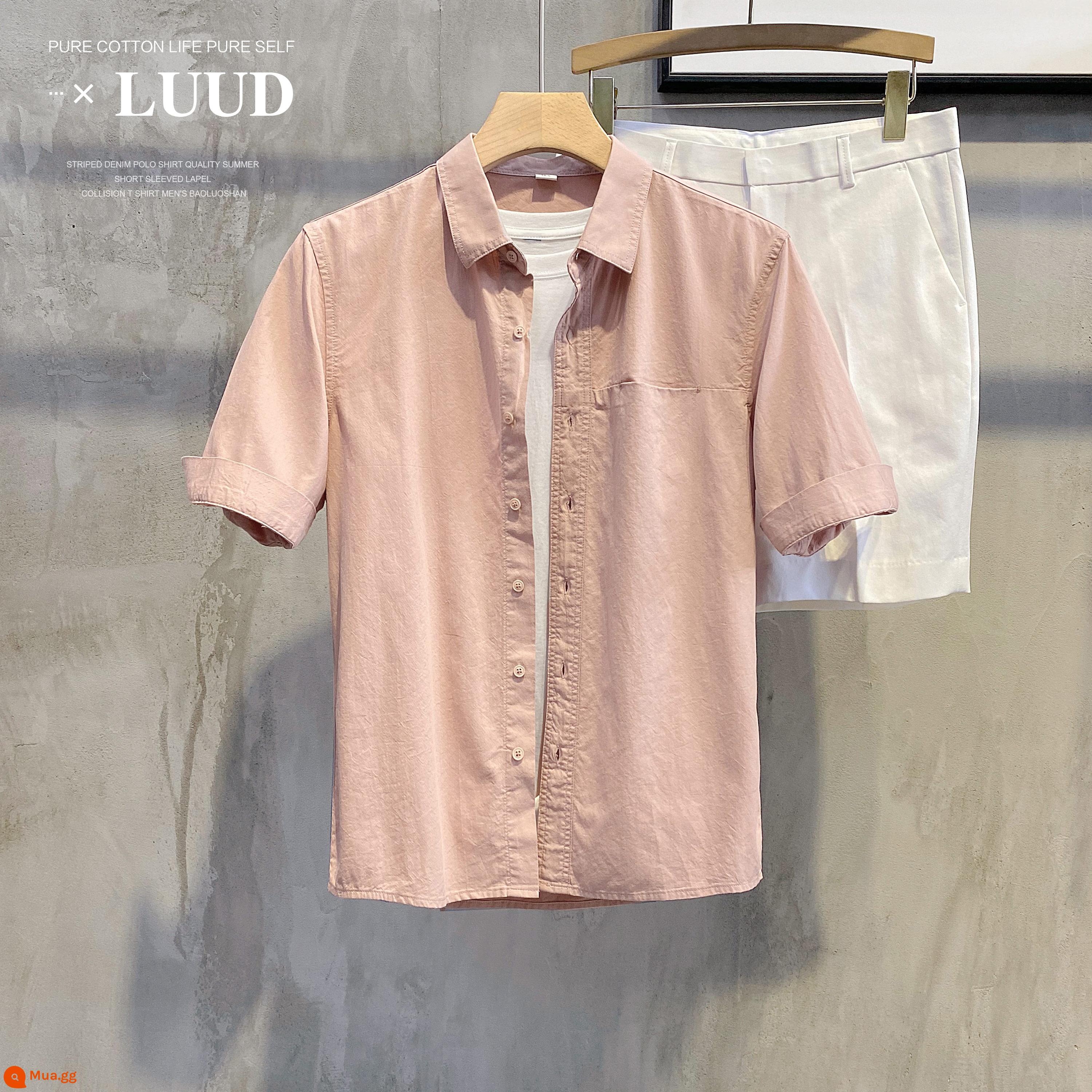 LUUD mùa xuân mới đồng màu đơn giản có ve áo sơ mi nam slim-fit áo sơ mi dài tay giản dị tất cả các trận đấu áo khoác ngoài cao cấp - Tay áo màu hồng