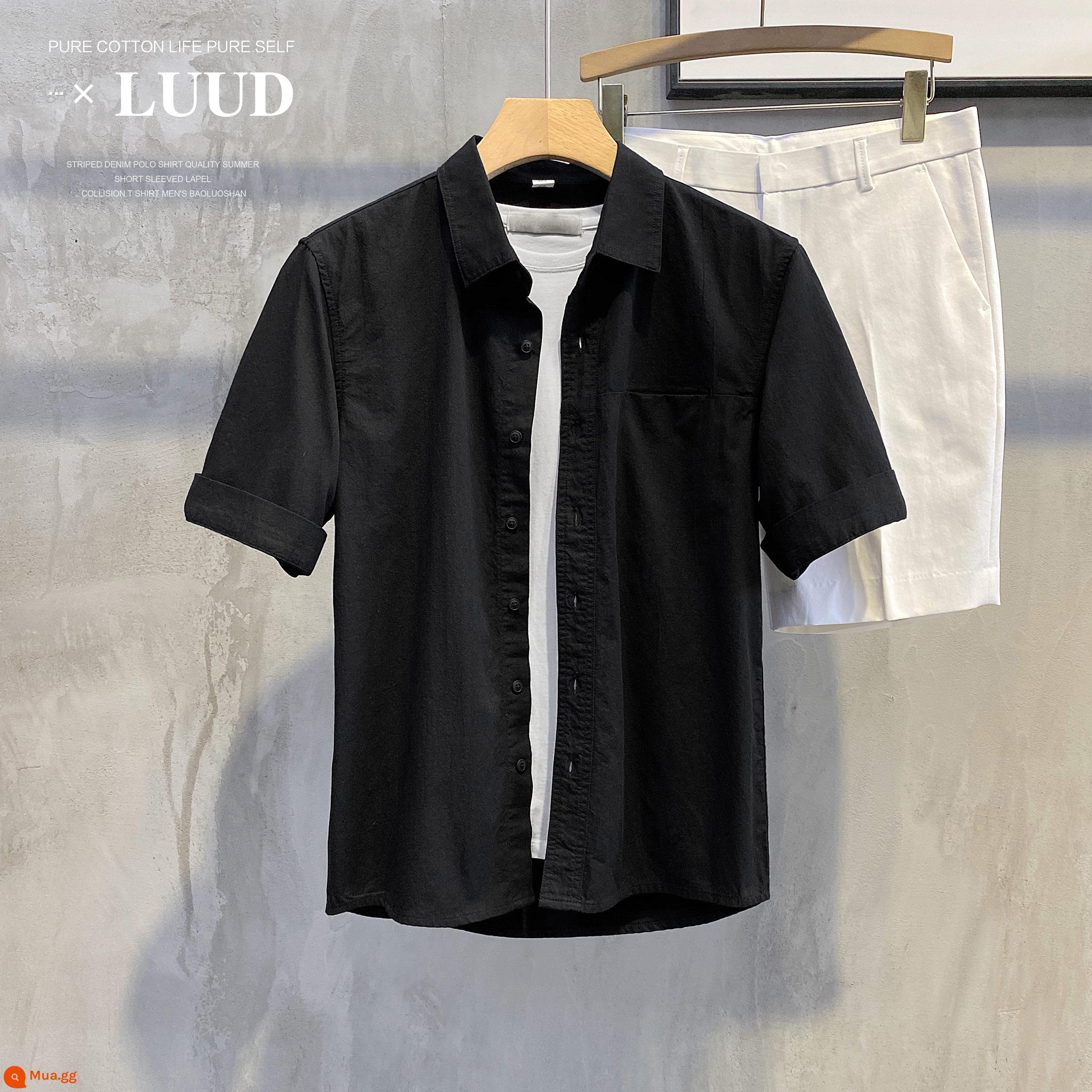 LUUD mùa xuân mới đồng màu đơn giản có ve áo sơ mi nam slim-fit áo sơ mi dài tay giản dị tất cả các trận đấu áo khoác ngoài cao cấp - tay áo màu đen