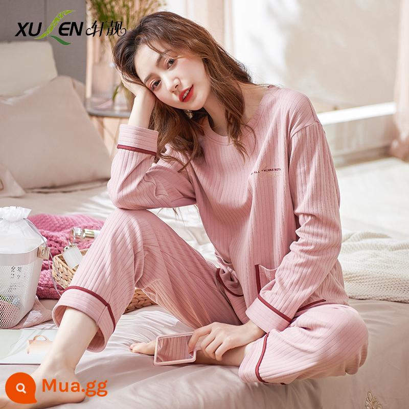 Bộ đồ ngủ nữ 2023 phong cách mùa thu mới mùa xuân và mùa thu cotton mỏng dài tay màu trắng phục vụ tại nhà mùa xuân và mùa hè có thể mặc bên ngoài bộ đồ - 61398 bột cát [cotton co giãn] [95% cotton]