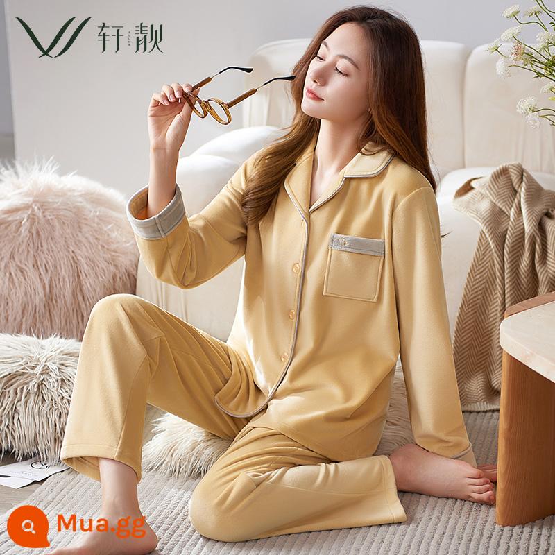 Bộ đồ ngủ lông cừu san hô của phụ nữ mùa xuân và mùa thu dày ấm dài tay kích thước lớn đảo nhung phù hợp với mùa thu và mùa đông flannel dịch vụ tại nhà - 62216 Màu vàng tráng men