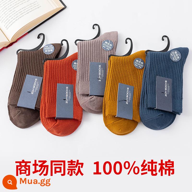 Vớ nam mùa đông 100% sợi cotton vớ ống giữa hút mồ hôi khử mùi đen trắng đôi vớ dày nam - Bộ 5 đôi [cao cấp] nam B