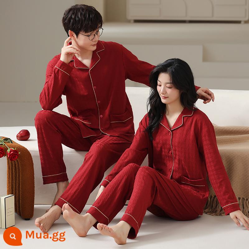 Cặp đôi đồ ngủ mùa xuân và mùa thu của phụ nữ cotton nguyên chất dài tay phù hợp với đám cưới mới cưới màu đỏ mùa thu và mùa đông cotton nam dịch vụ tại nhà - B8536