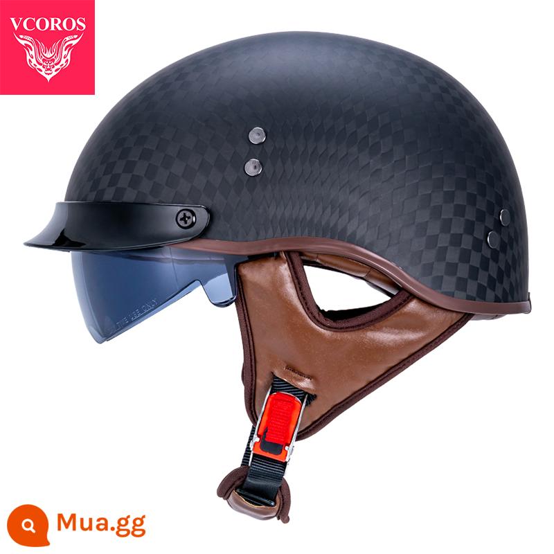 Ý VCOROS Sợi Carbon Xe Máy Nam Nữ Retro Xe Máy Mùa Hè Harley Mũ Bảo Hiểm Nửa Muỗng Mũ Bảo Hiểm - Da nâu đen mờ A200-12K