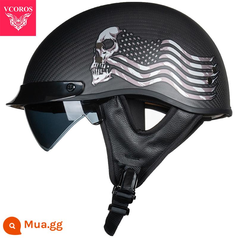 Ý VCOROS Sợi Carbon Xe Máy Nam Nữ Retro Xe Máy Mùa Hè Harley Mũ Bảo Hiểm Nửa Muỗng Mũ Bảo Hiểm - A200-Flag da đen sợi carbon đầu lâu