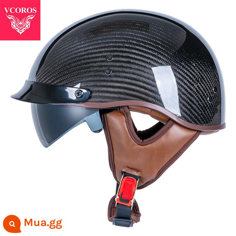 Ý VCOROS Sợi Carbon Xe Máy Nam Nữ Retro Xe Máy Mùa Hè Harley Mũ Bảo Hiểm Nửa Muỗng Mũ Bảo Hiểm - Da nâu đen sáng A200-3K