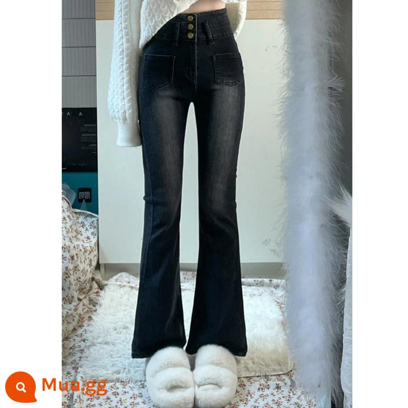 Quần jeans ống loe cạp cao màu đen xám dành cho nữ mùa thu đông cộng với quần ống rộng nhung size lớn béo mm co giãn giảm béo dáng hình quả lê - màu xám đen