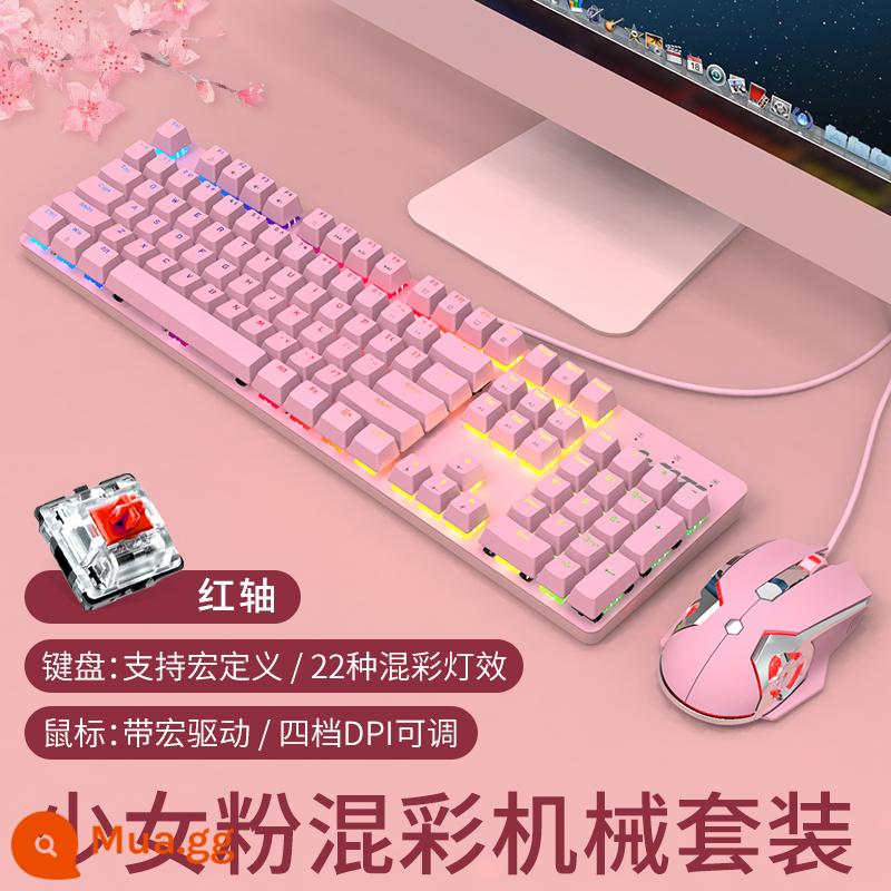 Heijue Mechanical War Police Bàn phím cơ Girl Cherry Blossom Powder Watcher Bộ chuột Girl Cute Green Switch Tea Switch Red Switch Trò chơi có dây Office Special Typing Notebook - Phối màu hồng-đỏ nữ tính