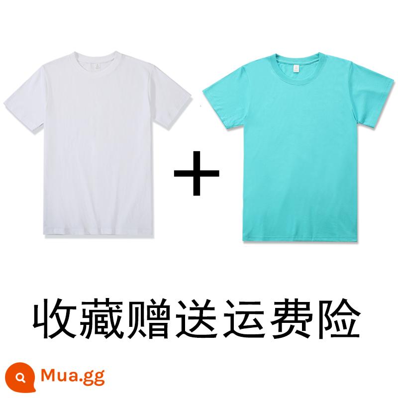 (Mua một tặng một) 200g cotton Tân Cương nặng bông cổ tròn đáy Áo thun ngắn tay áo thun rộng mùa hè nam nữ - Trắng + Hồ xanh