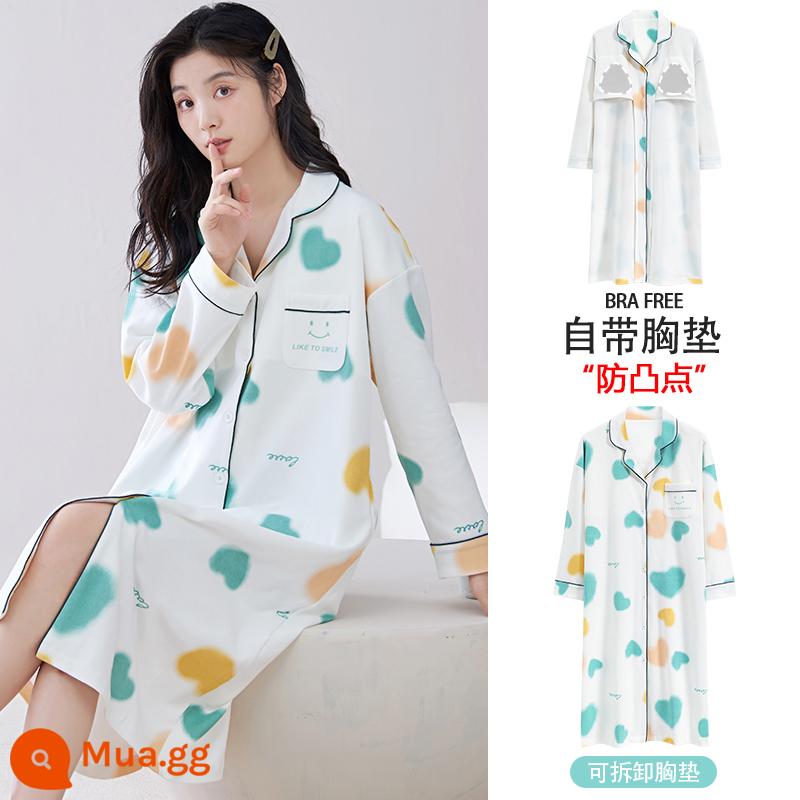 Bộ đồ ngủ cho nữ, mùa xuân thu, cotton nguyên chất dài tay có miếng đệm ngực, bộ đồ ngủ mùa thu cho bà mẹ tương lai, mẫu mùa xuân mới 2024 của phụ nữ - ZX:8860 mặt cười trắng xanh và trái tim vàng