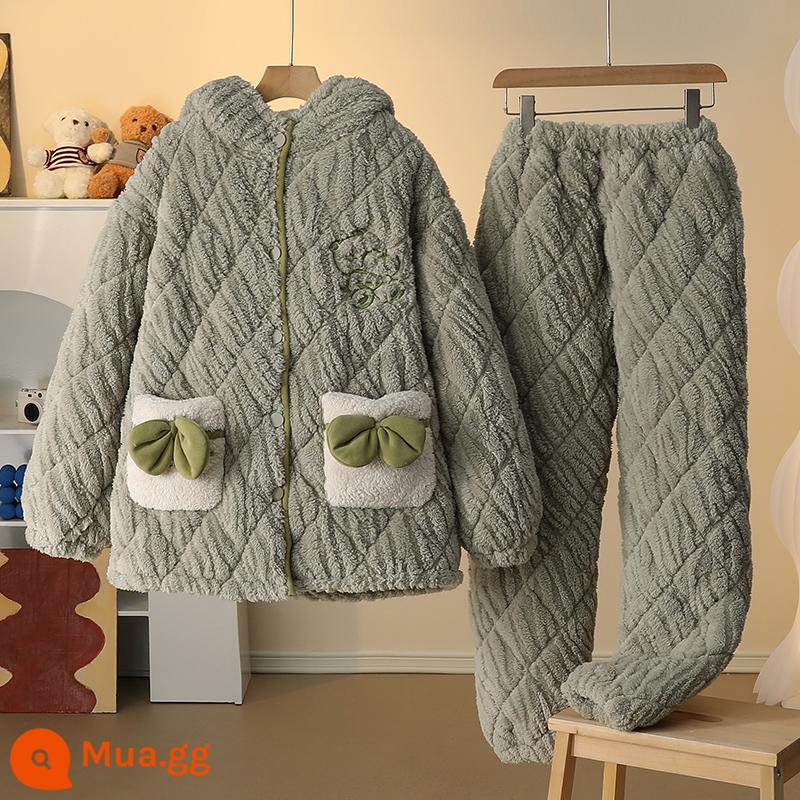 Bộ đồ ngủ 3 lớp cotton mùa đông nữ lưới đỏ phong cách dày Plus nhung flannel mùa đông san hô trang phục vụ tại nhà phù hợp với - 96107 nữ