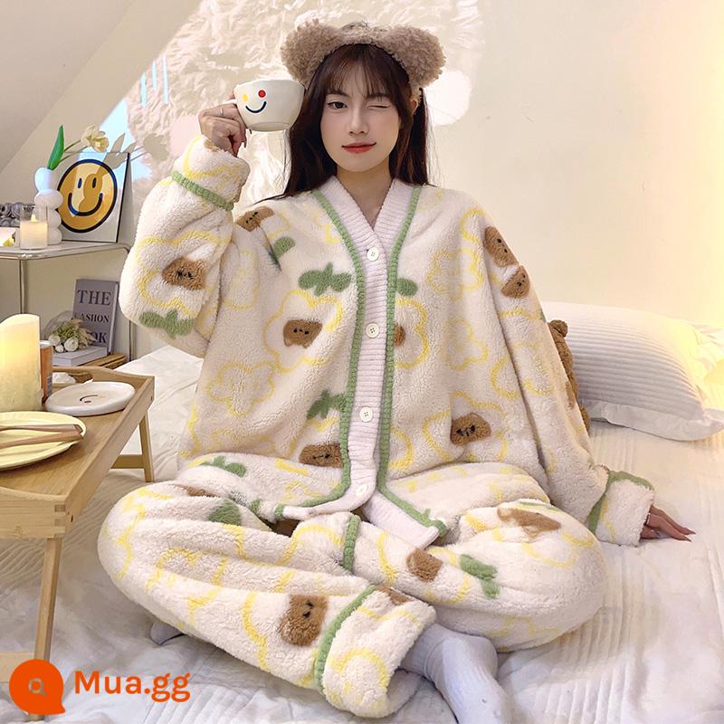 Nhung san hô sang trọng Bộ đồ ngủ mùa đông nữ phong cách Plus nhung dày flannel dễ thương áo khoác ngoài lưới đỏ phong cách phục vụ tại nhà phù hợp với - 23357 nữ.