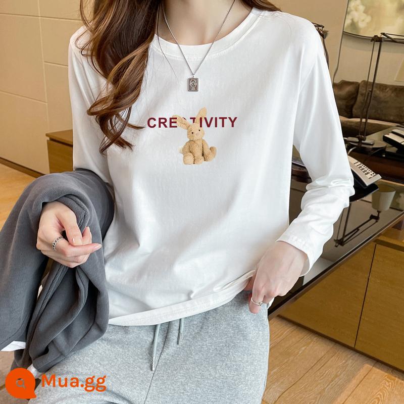 Áo thun dài tay màu trắng cotton nguyên chất chải mới thời trang theo phong cách phương Tây áo thun mùa thu đông cộng với nhung Áo sơ mi nhung Đức có đáy dành cho nữ - Búp bê thỏ trắng cotton nguyên chất