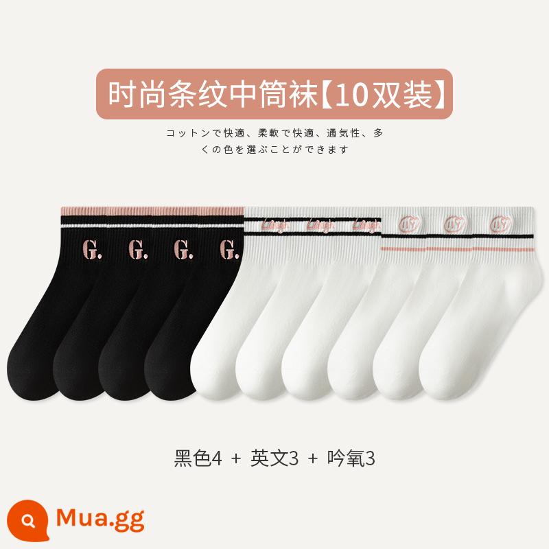 Tất Zhuji Tất Nữ Xuân Thu Giữa Ống Tất Cotton Nguyên Chất Maillard Sọc Bong Bóng Tất Plus Nhung Mùa Đông dày Tất Dài - [10 đôi tất] Đen 4 Tiếng Anh 3 Âm Oxy 3