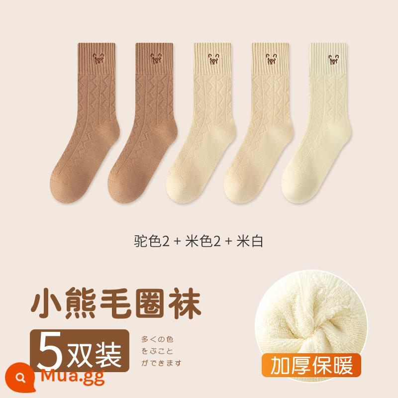 Chư Kỵ dày tất dành cho nữ xuân thu terry giữa bắp chân tất Plus nhung cotton nguyên chất hình gấu dễ thương giam giữ mùa đông dài tất - [Nhung dày 5 đôi] lạc đà 2 màu be 2 màu be