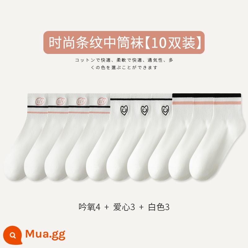 Tất Zhuji Tất Nữ Xuân Thu Giữa Ống Tất Cotton Nguyên Chất Maillard Sọc Bong Bóng Tất Plus Nhung Mùa Đông dày Tất Dài - [10 đôi tất] Yin Oxygen 4 Love 3 White 3