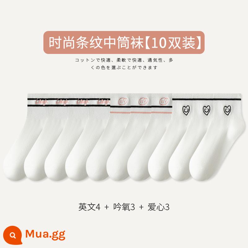 Tất Zhuji Tất Nữ Xuân Thu Giữa Ống Tất Cotton Nguyên Chất Maillard Sọc Bong Bóng Tất Plus Nhung Mùa Đông dày Tất Dài - [10 đôi tất] Tiếng Anh 4, Âm Oxy 3, Tình Yêu 3