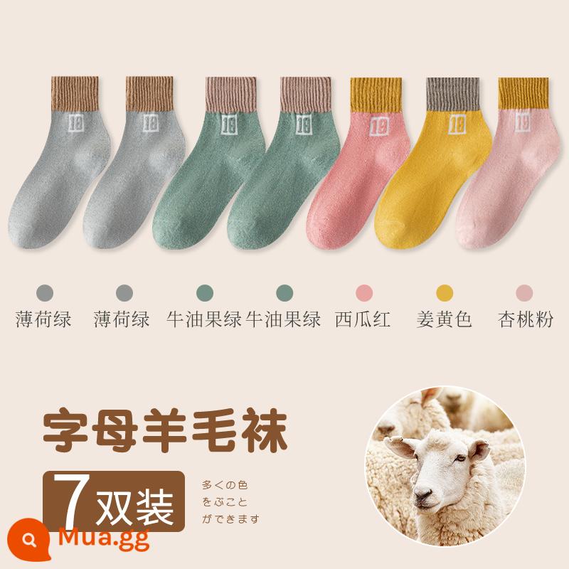 Chư Kỵ dày tất dành cho nữ xuân thu terry giữa bắp chân tất Plus nhung cotton nguyên chất hình gấu dễ thương giam giữ mùa đông dài tất - [Dòng 7 đôi len] xanh bạc hà, xanh bạc hà, xanh bơ, xanh bơ, đỏ dưa hấu, vàng gừng, hồng mơ