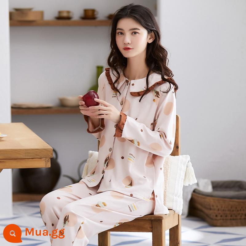 Bộ đồ ngủ cotton nữ dài tay mùa xuân và mùa thu 2023 mới mùa hè cỡ lớn có thể mặc bên ngoài bộ quần áo ở nhà dễ thương - 62008