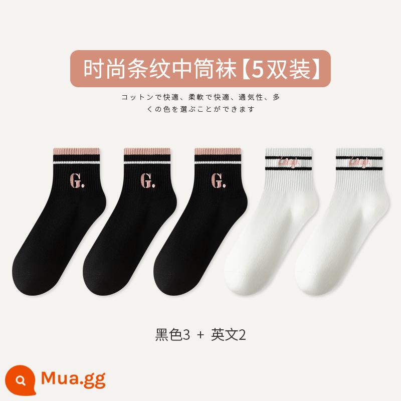 Tất Zhuji Tất Nữ Xuân Thu Giữa Ống Tất Cotton Nguyên Chất Maillard Sọc Bong Bóng Tất Plus Nhung Mùa Đông dày Tất Dài - [5 đôi tất] Đen 3 Tiếng Anh 2