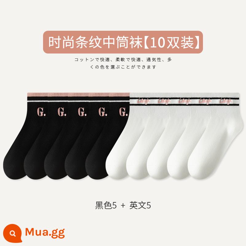 Tất Zhuji Tất Nữ Xuân Thu Giữa Ống Tất Cotton Nguyên Chất Maillard Sọc Bong Bóng Tất Plus Nhung Mùa Đông dày Tất Dài - [10 đôi tất] Đen 5 Tiếng Anh 5