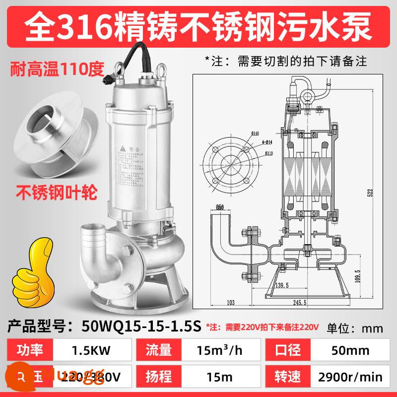 Máy bơm nước thải bằng thép không gỉ 304 của Thượng Hải 316 mà không ngăn chặn bơm chìm axit chống ăn mòn -alkali và máy bơm hóa học kiềm - Tốc độ dòng 1,5 kilowatt (316) Sức nâng 15 tấn 15 mét 2 inch có bảo vệ nhiệt