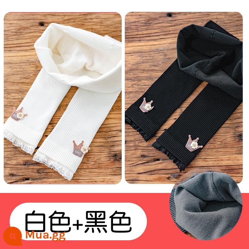 Quần trong trẻ em dành cho bé gái mùa xuân thu đông chất liệu cotton nguyên chất dày vừa phải nhung mỏng dành cho bé gái cộng với quần nhung dày bên ngoài - Trắng + Đen [Quần nhung mỏng vương miện]