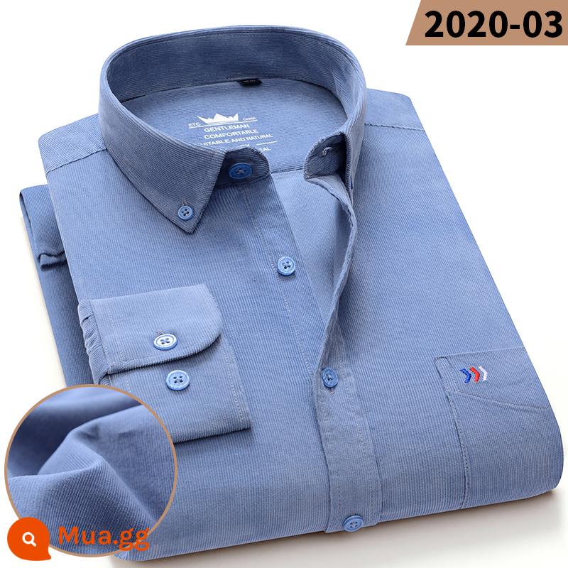 Áo sơ mi vải nhung kẻ polo 100% cotton cho nam dài tay áo sơ mi vải nhung kẻ cỡ trung niên và trẻ trung giản dị hợp thời trang - DXR2020-03 màu xanh