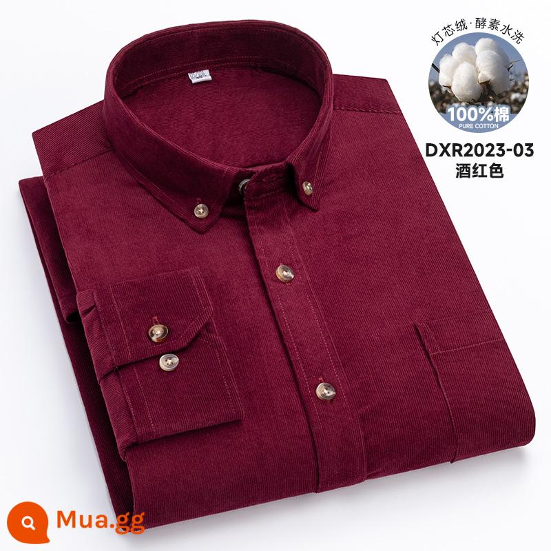 Áo sơ mi vải nhung kẻ polo 100% cotton cho nam dài tay áo sơ mi vải nhung kẻ cỡ trung niên và trẻ trung giản dị hợp thời trang - DXR2023-03 màu đỏ rượu vang