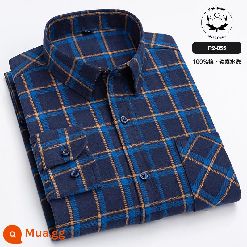 Áo polo Ralph Lauren 100% cotton sơ mi nam dài tay chải sơ mi kẻ sọc cotton giản dị trung niên và trẻ trung Quần áo nam cỡ lớn - R2-855 séc màu xanh nước biển màu vàng