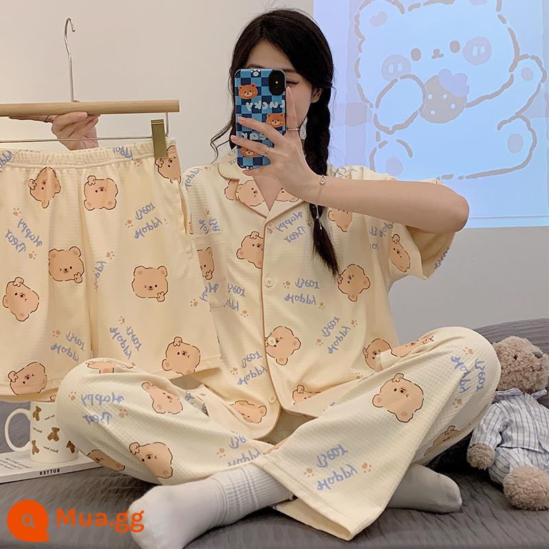 Mùa hè mới bộ đồ ngủ hoạt hình ngọt ngào cho bé gái Bộ đồ ba mảnh 2022 cotton nguyên chất ngắn tay phục vụ tại nhà cao cấp - 72982 Bánh quế gấu màu be