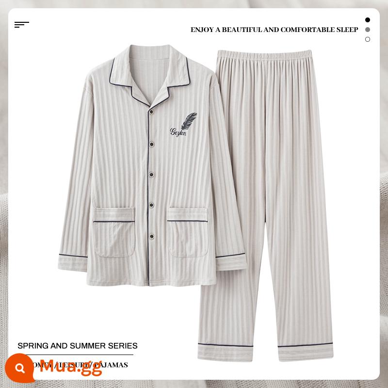 Bộ đồ ngủ nam cotton dài tay đơn giản phục vụ tại nhà nam mùa thu đông cardigan cỡ lớn thanh niên trung niên phù hợp với cotton - 109