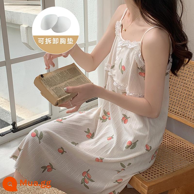 Bộ đồ ngủ có đệm ngực lưới màu đỏ phong cách cotton nguyên chất mùa hè treo váy ngủ ngọt ngào của phụ nữ Nhật Bản không tay nhỏ quần áo mặc ở nhà - 8885 Lá Đào kèm miếng lót ngực