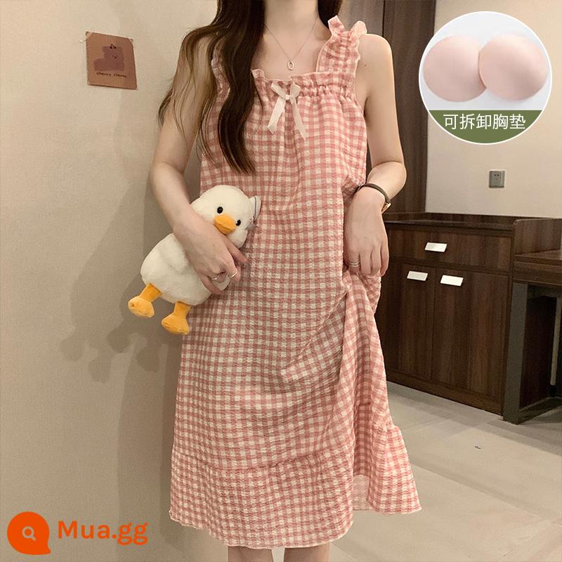 Bộ đồ ngủ có đệm ngực lưới màu đỏ phong cách cotton nguyên chất mùa hè treo váy ngủ ngọt ngào của phụ nữ Nhật Bản không tay nhỏ quần áo mặc ở nhà - Nơ kẻ sọc 4016 có đệm ngực