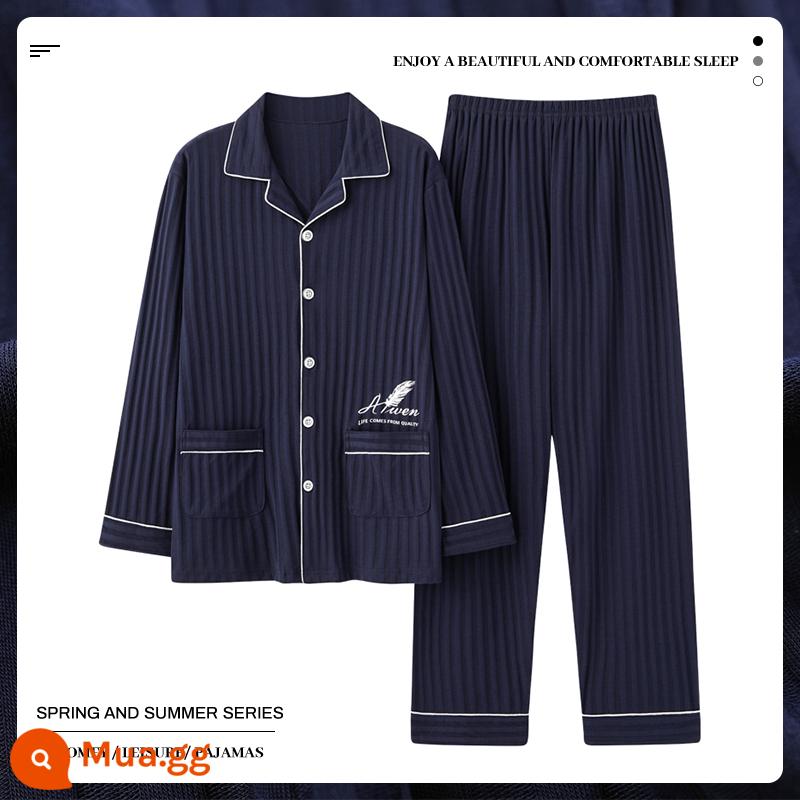 Bộ đồ ngủ nam cotton dài tay đơn giản phục vụ tại nhà nam mùa thu đông cardigan cỡ lớn thanh niên trung niên phù hợp với cotton - 106